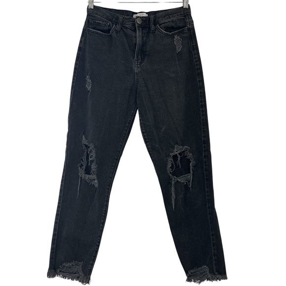 SO Juniors Black High Rise Denim Distressed Mom Jeans Size 7/28 - Picture 1 of 6